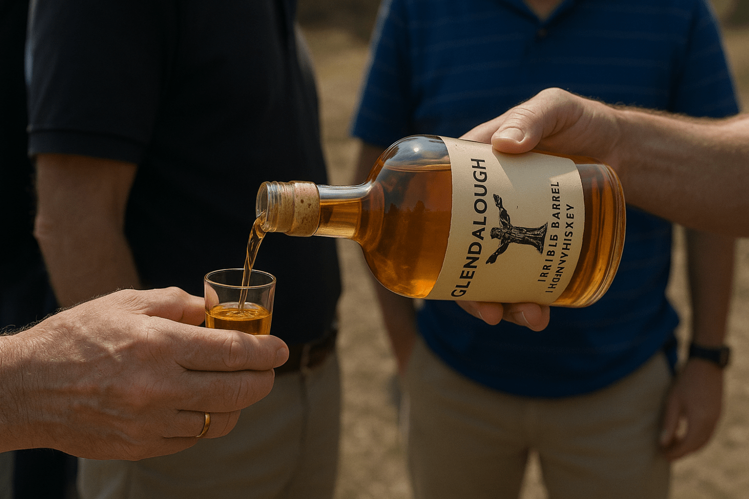 a man holding a shot of Whiskey