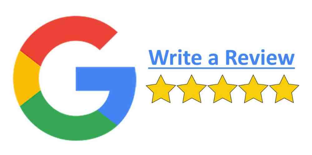 Google logo, text 'Write a Review' and five yellow stars below.